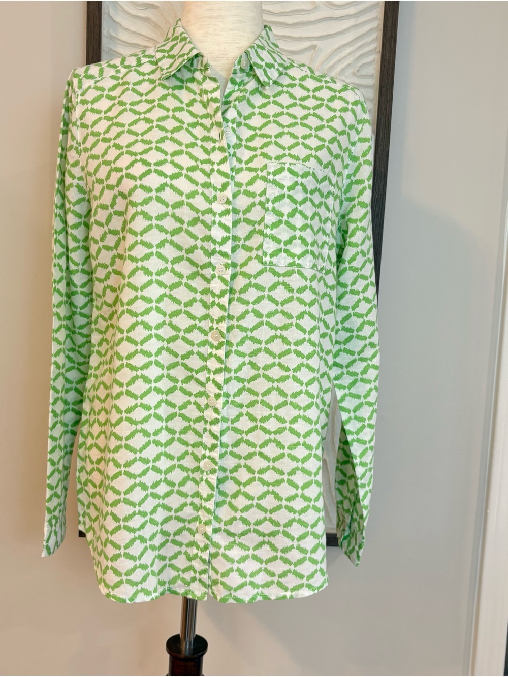 Caslon Green White Linen Geometric Button-Down Shirt Small